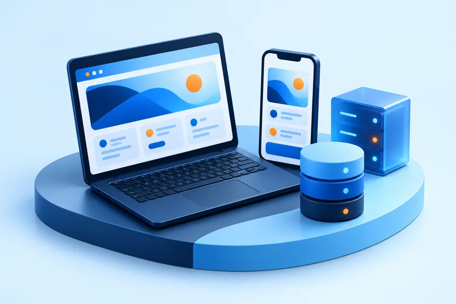 Illustration of full stack development with web and mobile interfaces, a server and a database