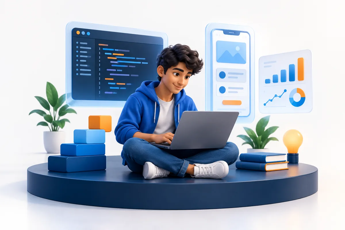 Illustration of a learner building coding, mobile interface and data skills on a laptop