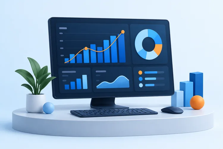 Illustration of an analytics dashboard with bars, a donut chart and data panels