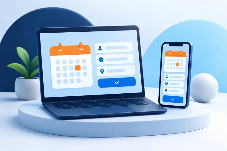 Illustrative booking project with a calendar and form on laptop and mobile screens