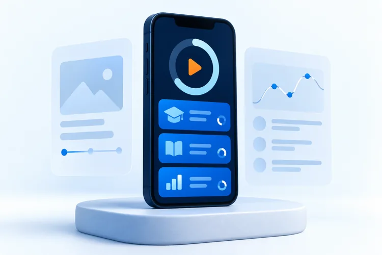 Illustrative mobile learning project with course tiles and interface sketches