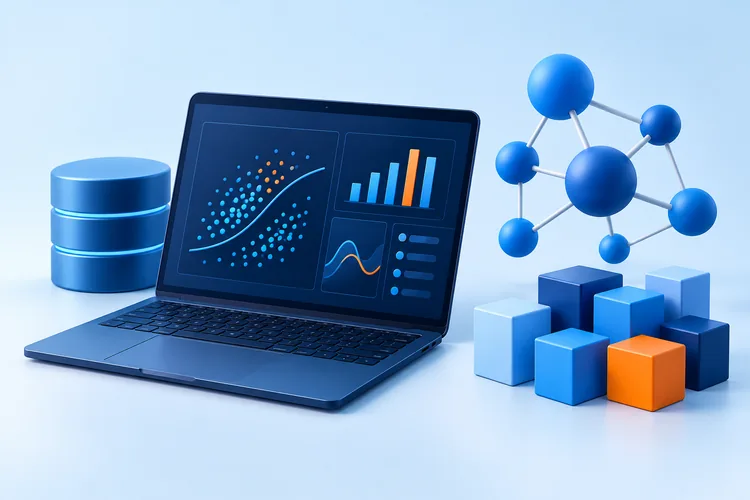 Illustration of data modelling with data panels, connected nodes and grouped cubes