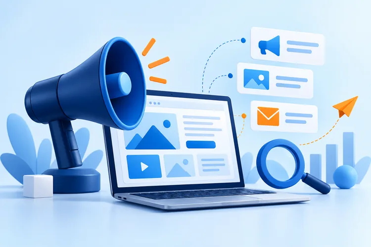Illustration of digital communication with a megaphone and campaign content cards