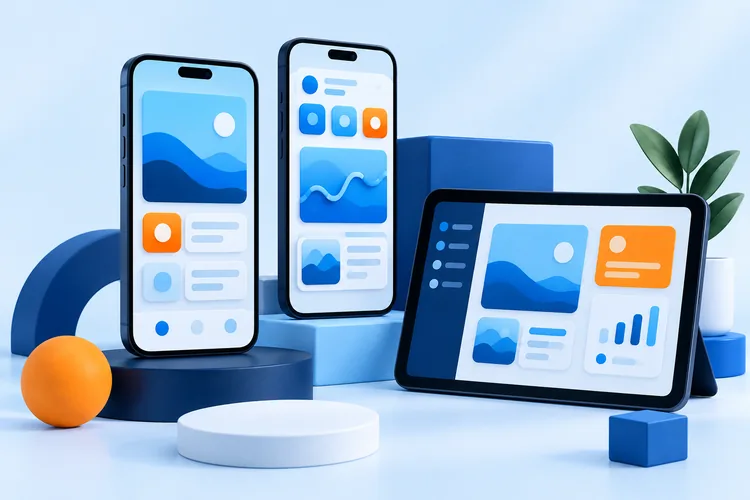 Illustration of coordinated mobile interfaces on smartphones and a tablet