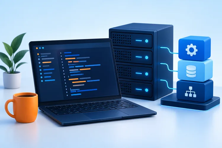 Illustration of backend development with a laptop, server and application modules