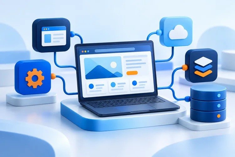Illustration of an integrated web application with connected modules and a database
