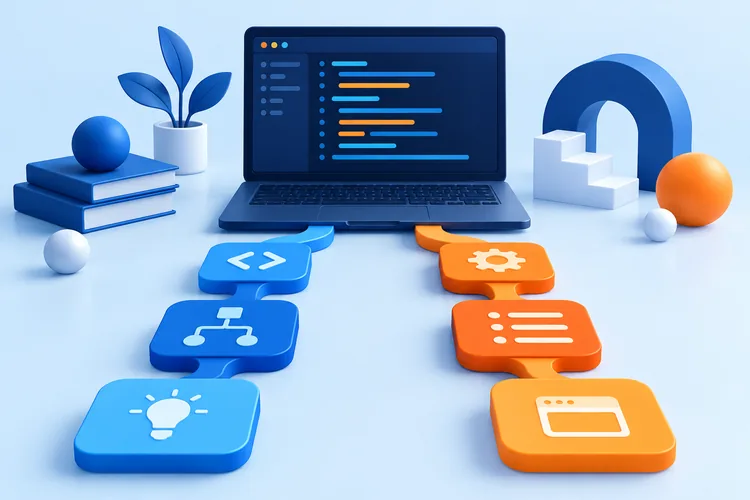 Illustration of programming logic with a laptop and branching practice blocks