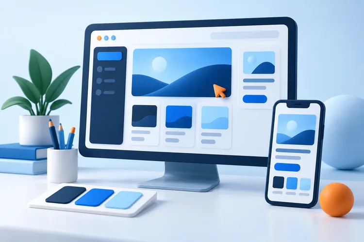 Illustration of interface planning with wireframes, colour swatches and a mobile screen