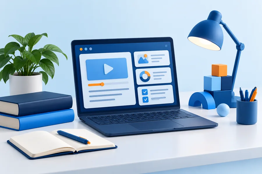 Illustration of a practical technology learning workspace with books, a laptop and progress blocks