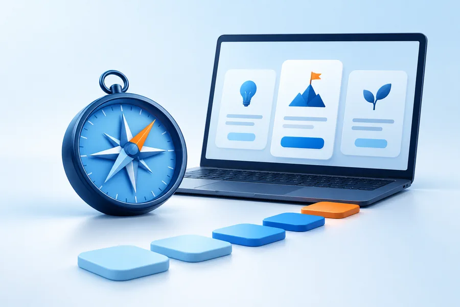 Illustration of comparing learning paths with a compass and technology course tiles