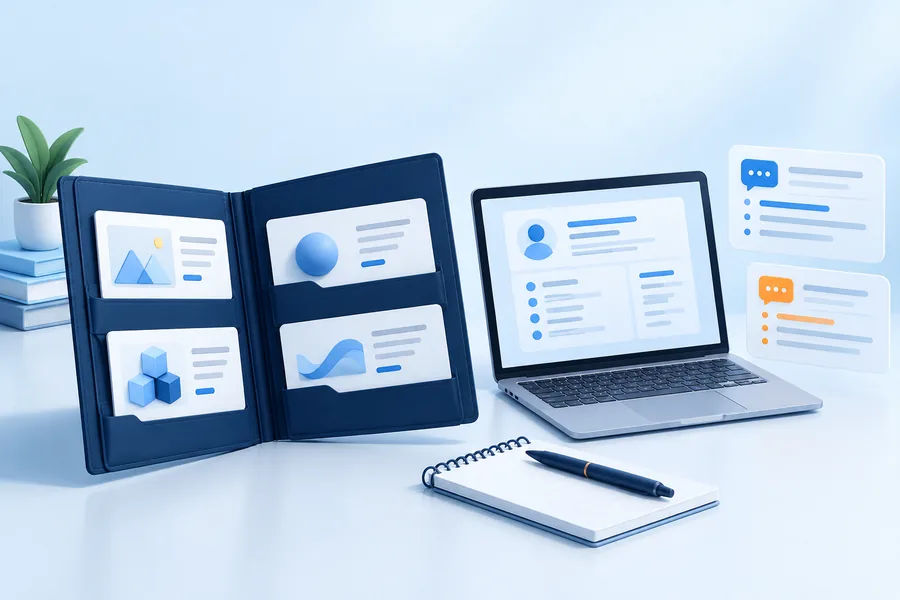 Illustration of portfolio and interview preparation with project cards and feedback panels