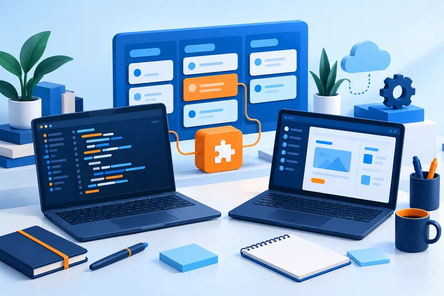 Illustration of project training with connected development screens and a shared project board