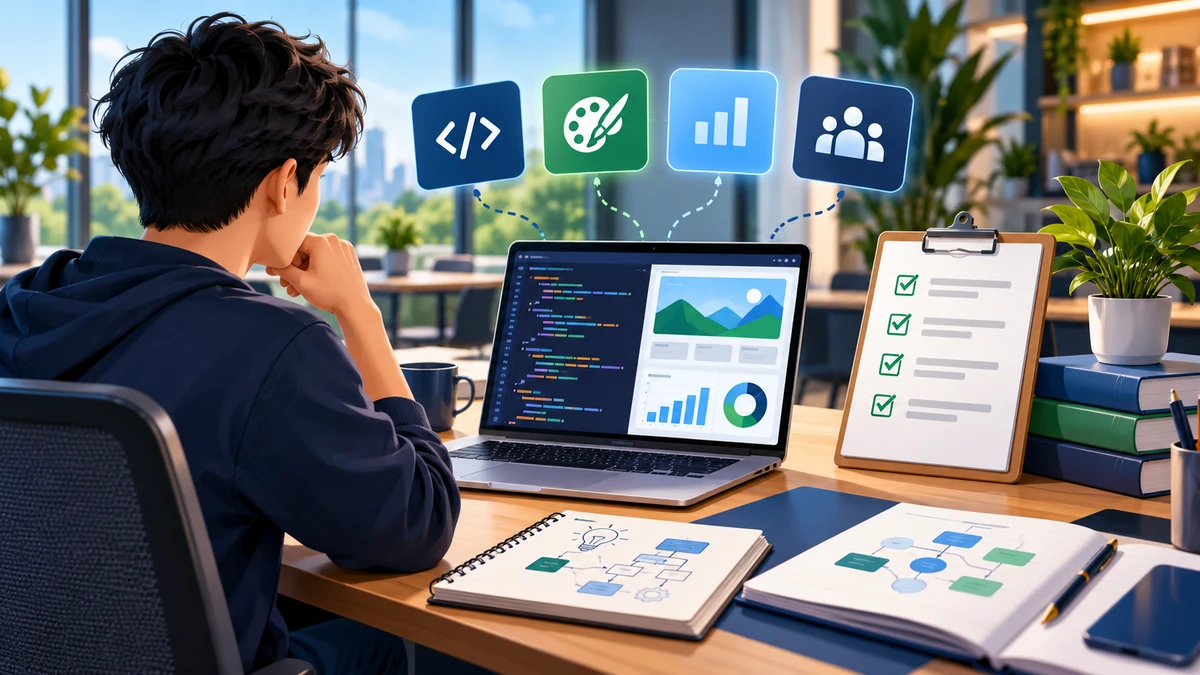 Student comparing practical IT training options with a project dashboard and learning checklist