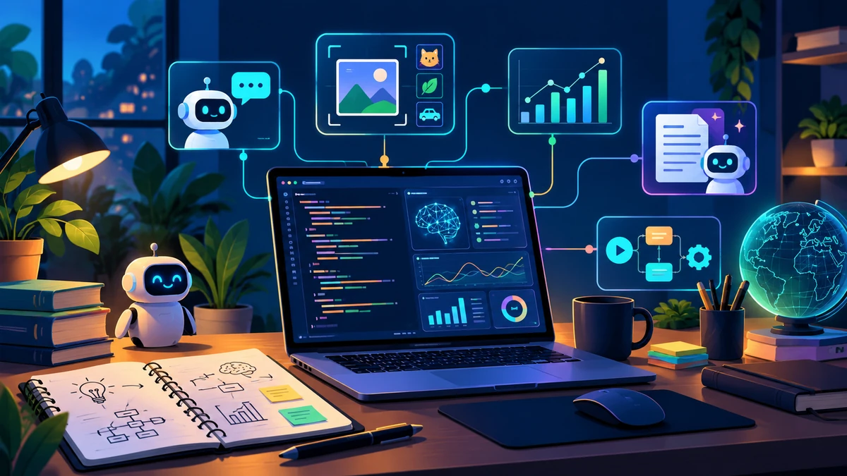 AI project workspace with code, connected prototypes, data charts and automation concepts