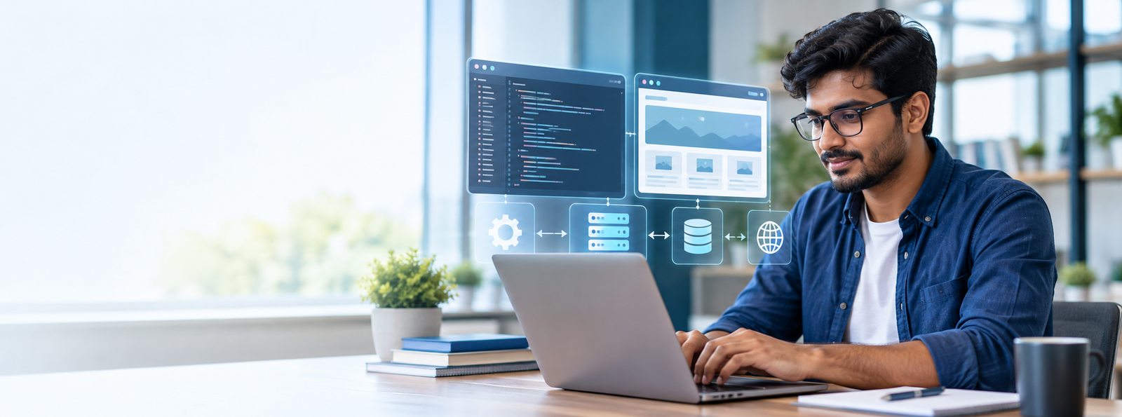 Learner building a .NET full-stack web application with C# backend, API and database components