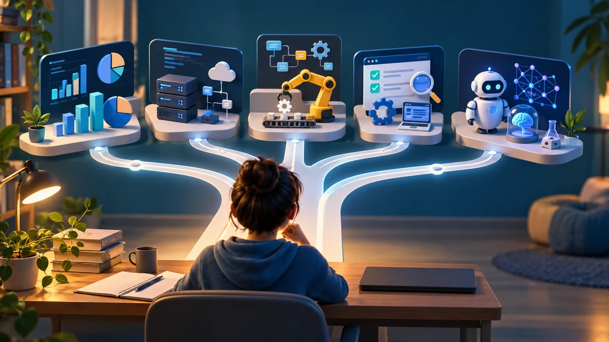 Learner comparing data, backend, automation, testing and AI career paths after learning Python