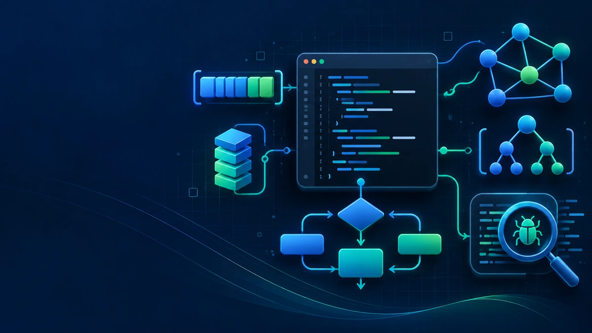 Coding challenge illustration with a code editor, graph, stack and debugging tools