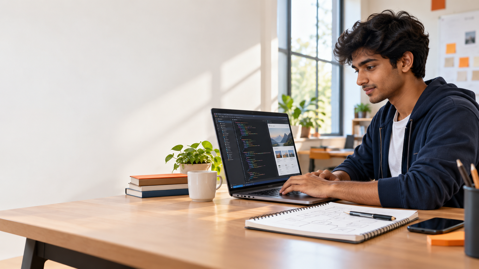 Student planning and building a full stack web application on a laptop
