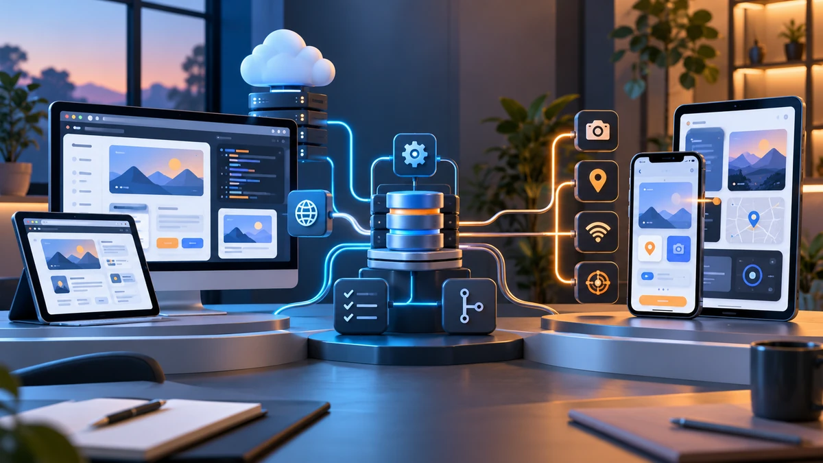 Comparison of responsive web interfaces and mobile app interfaces connected through a shared API and data layer