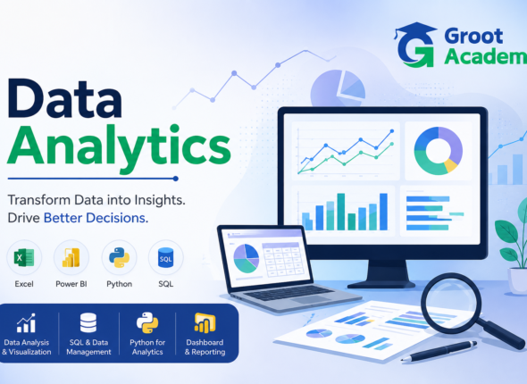 Data Analytics Course in Jaipur at Groot Academy covering Excel, Power BI, Python, SQL, Data Visualization, and Dashboard Reporting