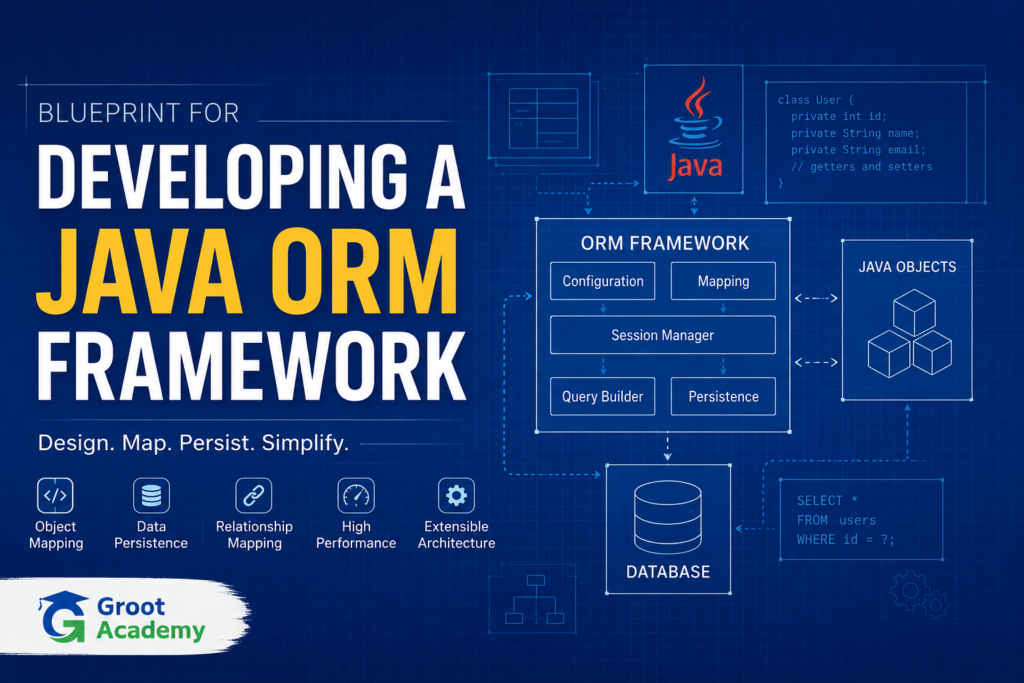 Blueprint for Developing a Java ORM Framework showing ORM architecture, object mapping, session management, Java objects, and database integration.
