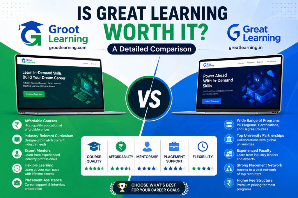 Comparison between GrootLearning.com and Great Learning highlighting course quality, affordability, mentorship, placement support, flexibility, and learning experience.