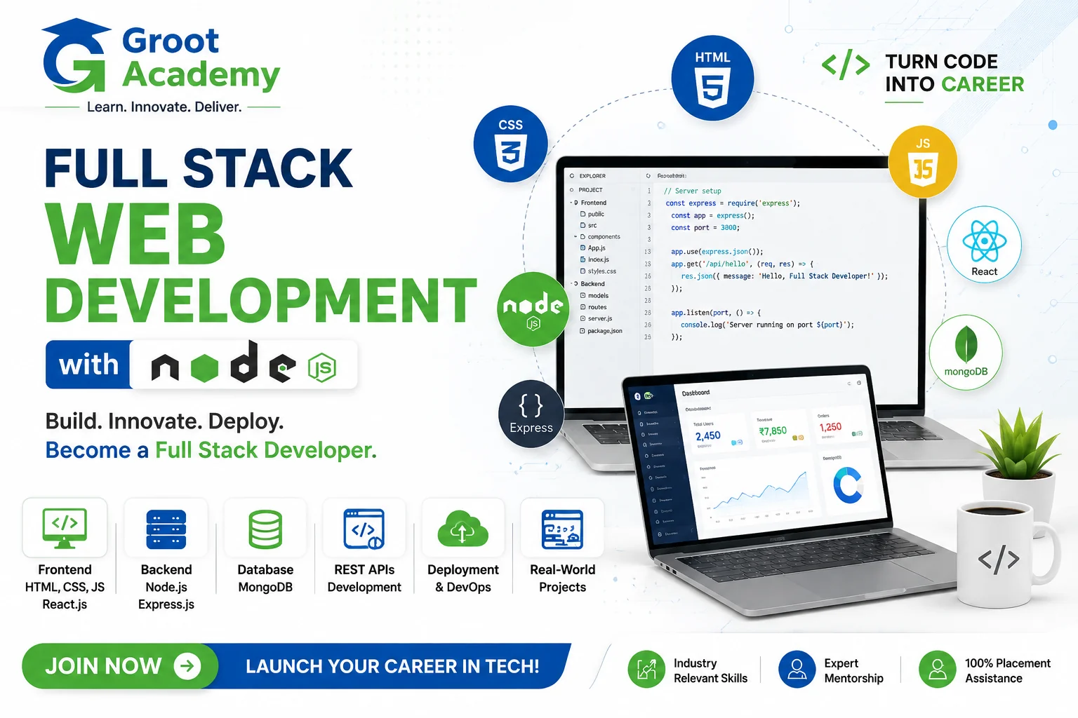 Full Stack Web Development with Node.js Course at Groot Academy Jaipur - Learn HTML, CSS, JavaScript, React, Node.js, Express.js, MongoDB and build real-world projects.