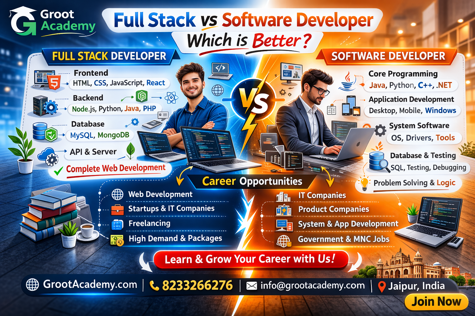 Full stack vs software developer difference course in Jaipur at Groot Academy web development and software engineering training institute