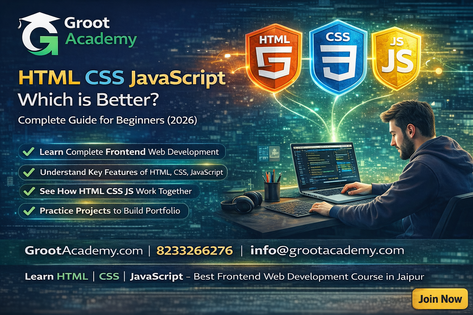 How to start career in HTML CSS JavaScript course in Jaipur at Groot Academy frontend web development training institute