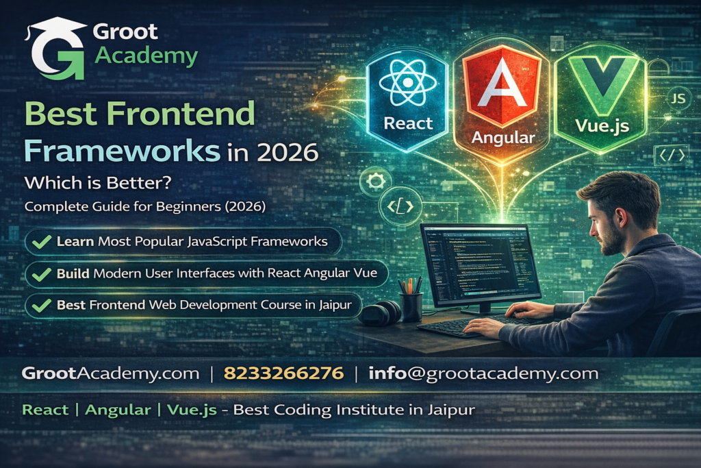 Best frontend frameworks 2026 React Angular Vue JavaScript course in Jaipur at Groot Academy web development training institute