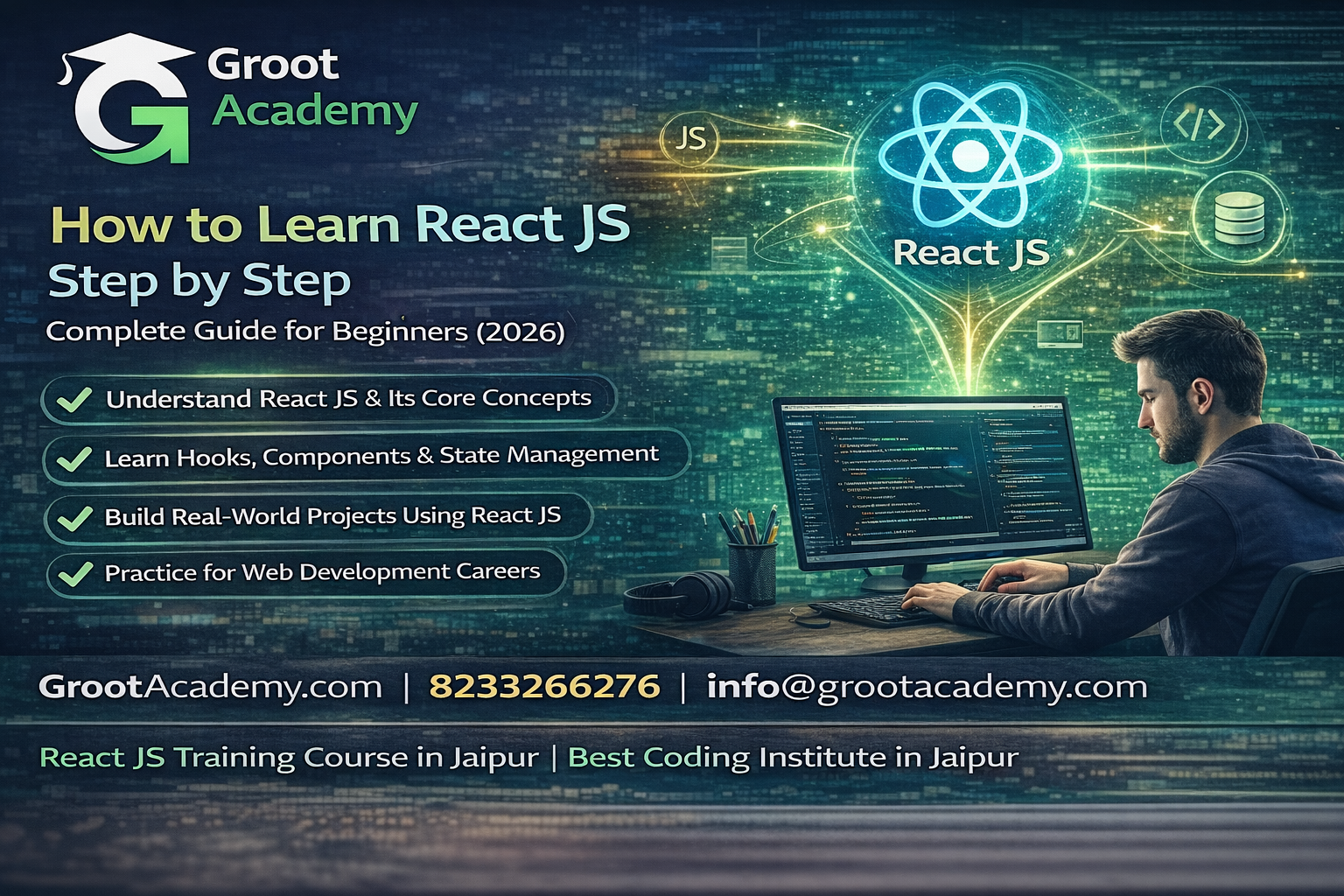 Learn React JS step by step frontend framework 2026 course in Jaipur at Groot Academy web development and full stack training institute