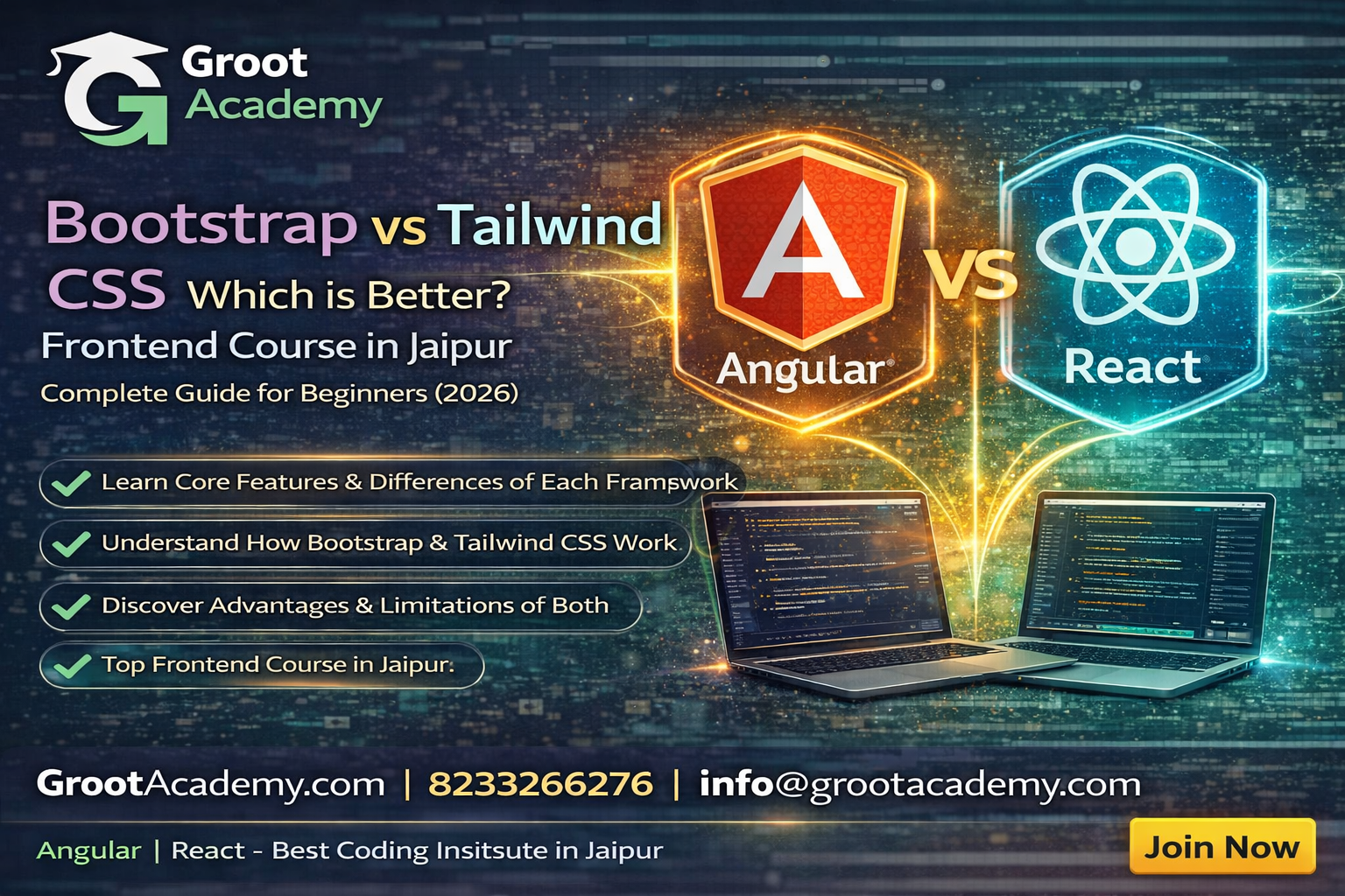 Bootstrap vs Tailwind CSS frontend frameworks course in Jaipur at Groot Academy web development and frontend training institute