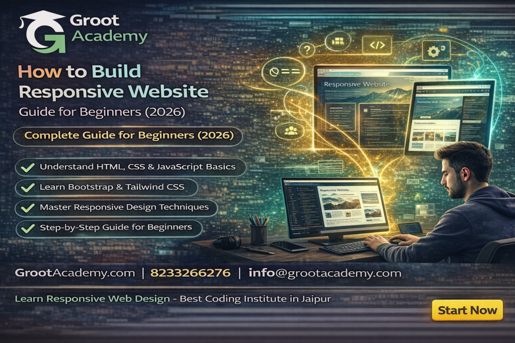 How to build responsive website course in Jaipur at Groot Academy learn HTML CSS JavaScript responsive web design training institute