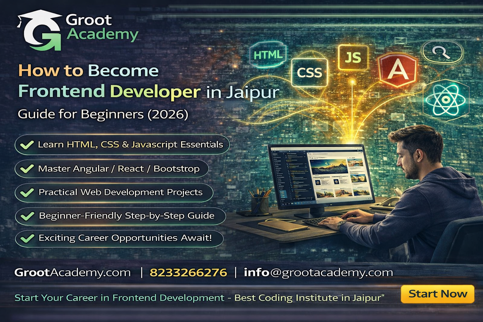 How to become frontend developer in Jaipur course at Groot Academy learn HTML CSS JavaScript React frontend training institute