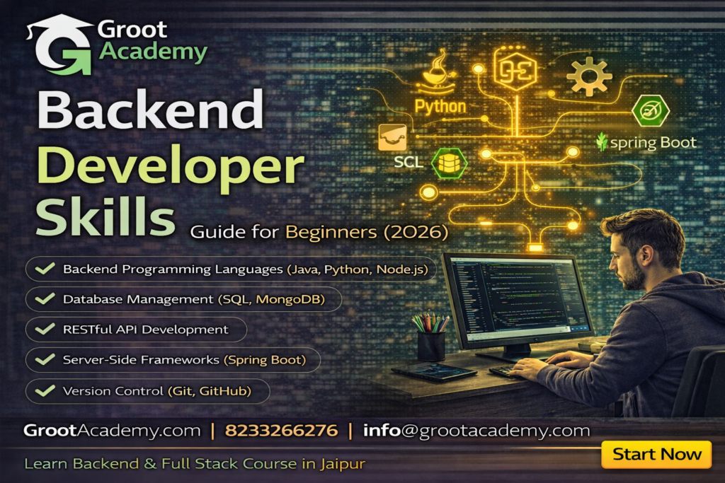 Backend developer skills course in Jaipur at Groot Academy learn Java Python Node SQL backend development training institute
