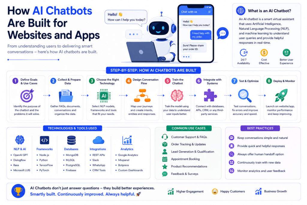 AI chatbot development using NLP, APIs, cloud computing, machine learning, and backend systems
