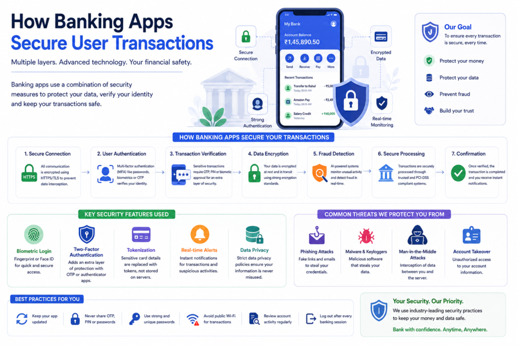 Banking app security using encryption, authentication systems, secure APIs, and cloud security