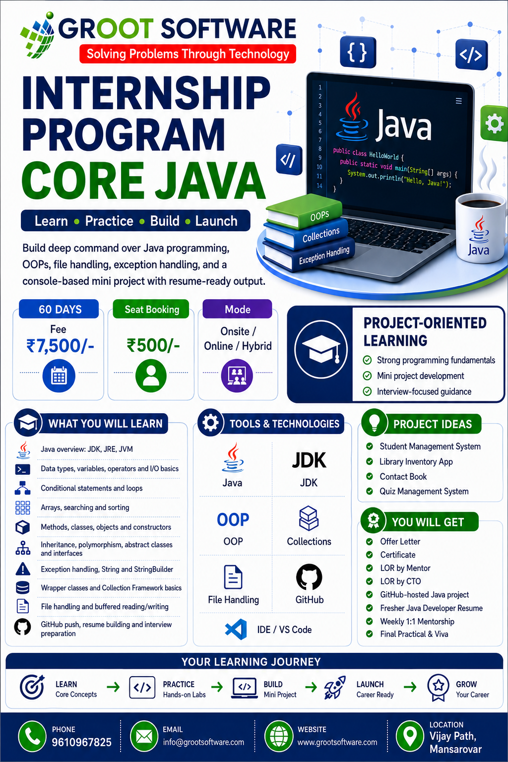 Core Java internship program with Java programming, OOP concepts, collections framework, and mini project development
