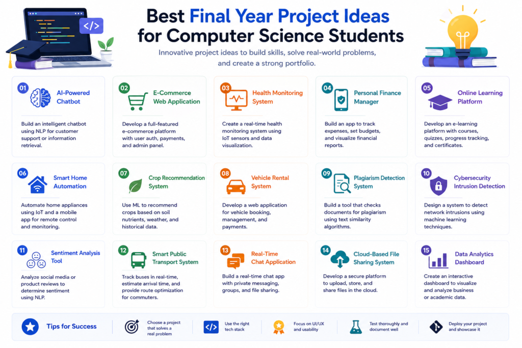 Final year project ideas for Computer Science students including AI, full stack, cloud computing, and mobile app development