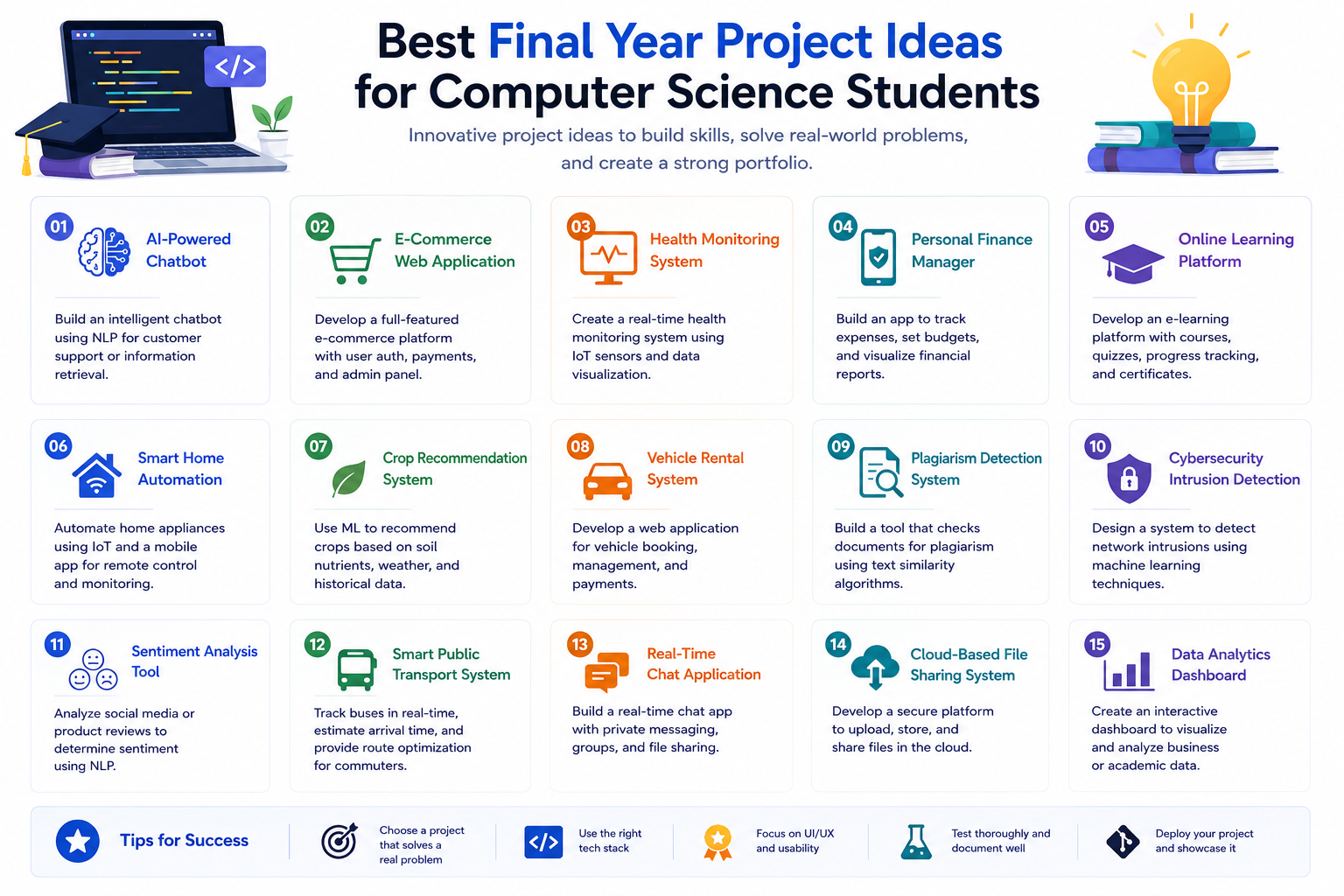 Final year project ideas for Computer Science students including AI, full stack, cloud computing, and mobile app development