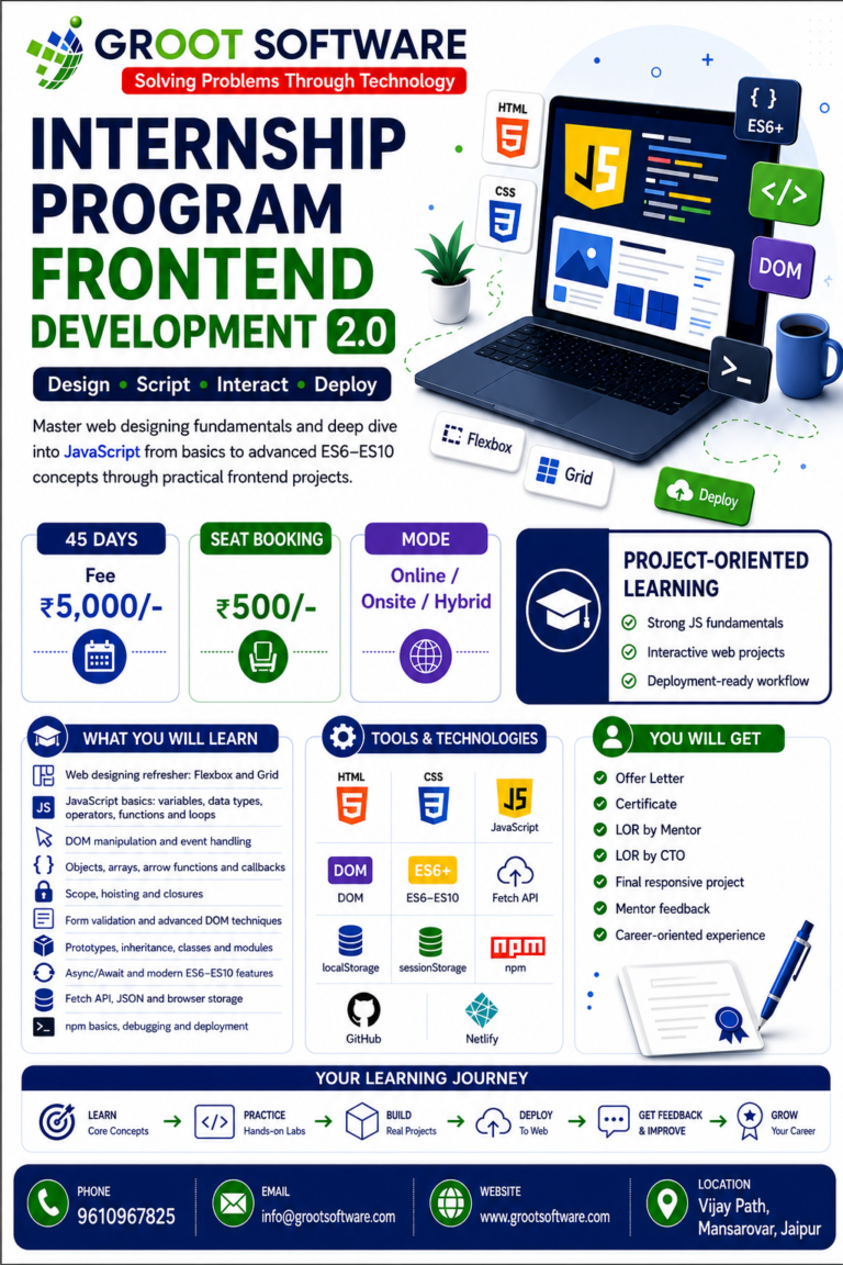 Frontend Development internship program with HTML CSS JavaScript, DOM manipulation, APIs, and deployment workflows