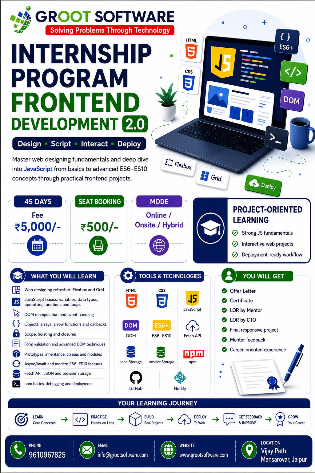 Frontend Development internship program with HTML CSS JavaScript, DOM manipulation, APIs, and deployment workflows
