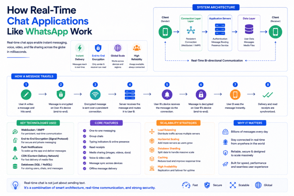 Real time chat application using WebSockets, APIs, cloud computing, databases, and scalable backend systems