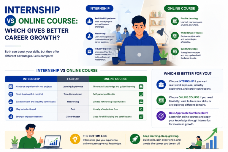 Student comparing internship experience and online courses for career growth and job opportunities