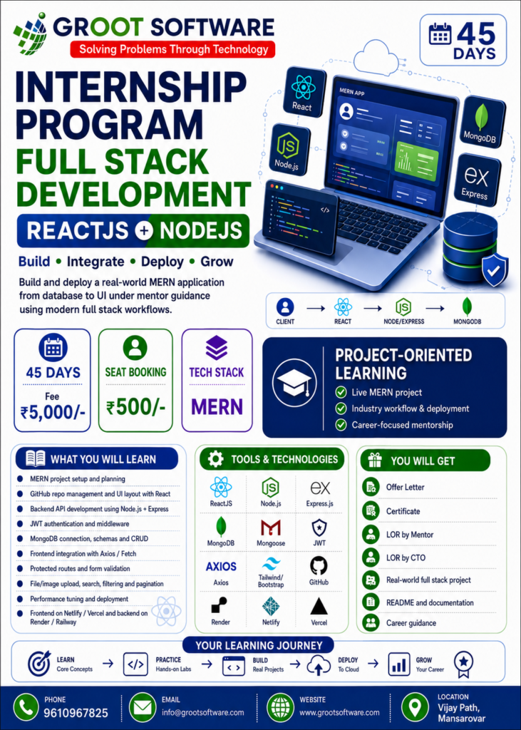 Full Stack Development internship program with ReactJS, NodeJS, ExpressJS, MongoDB, API integration, and deployment workflows