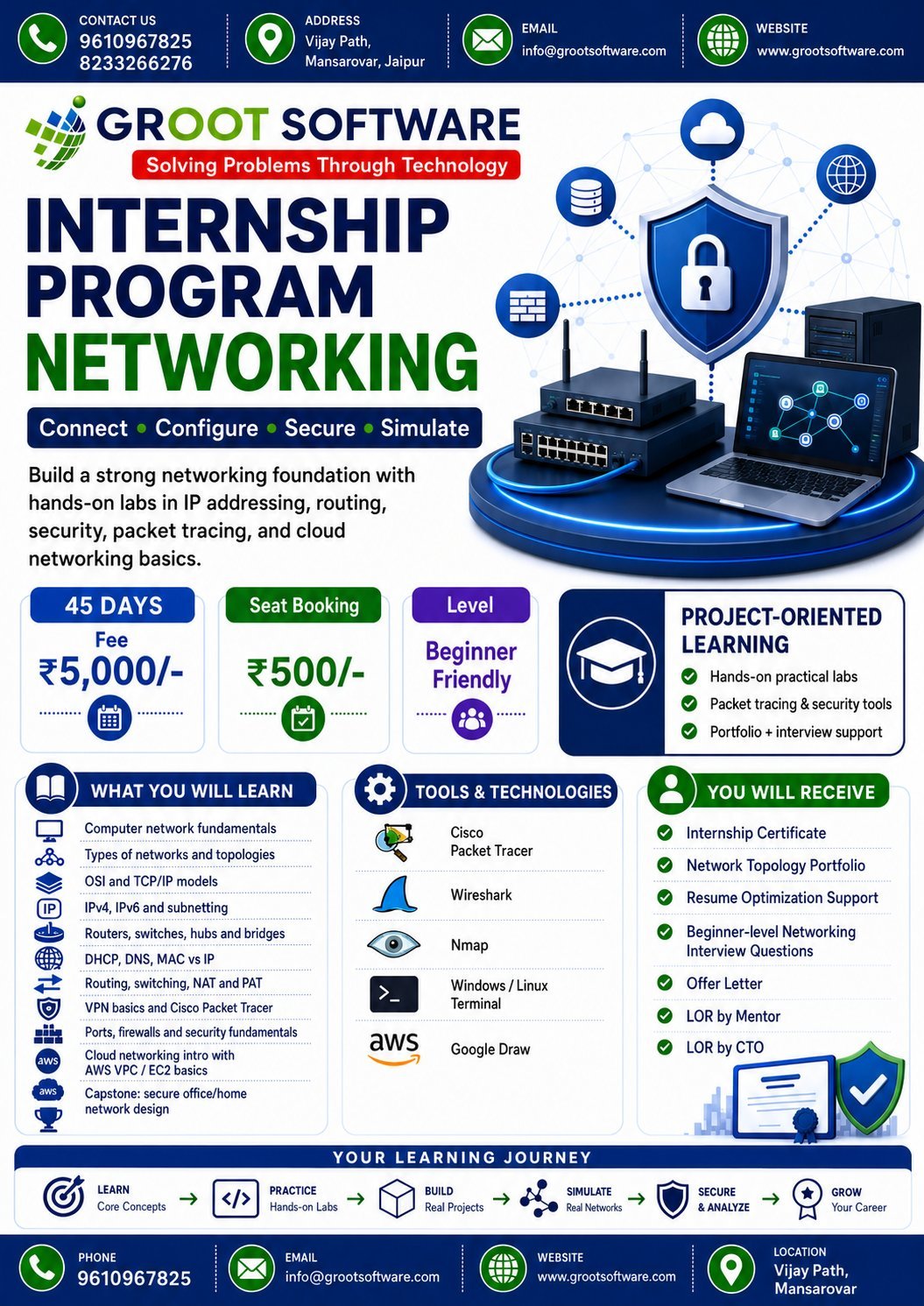 Networking internship program with routing, switching, cloud networking, packet tracing, and cyber security training