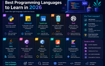 Best programming languages 2026 including Python, JavaScript, Java, Go, Rust, and Kotlin