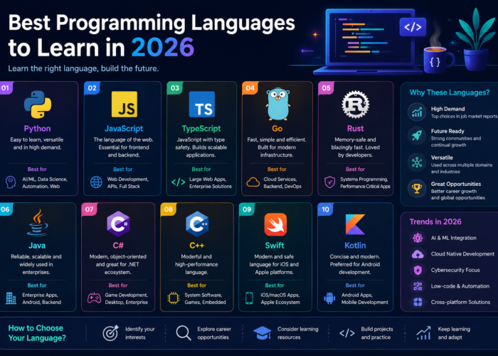 Best programming languages 2026 including Python, JavaScript, Java, Go, Rust, and Kotlin