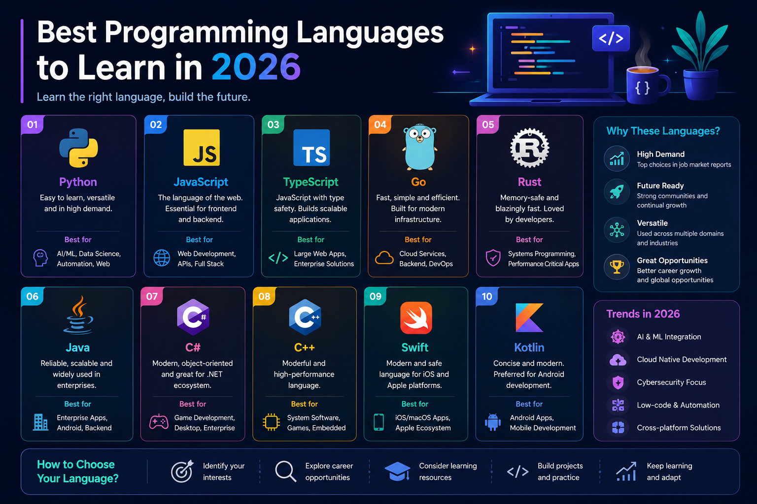 Best programming languages 2026 including Python, JavaScript, Java, Go, Rust, and Kotlin