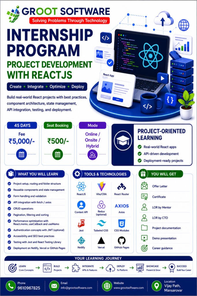 ReactJS project development internship with API integration, CRUD operations, testing systems, and deployment workflows